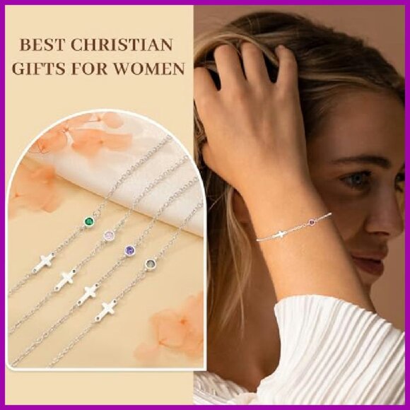 Adjustable Cross Birthstone Bracelet 14k Gold Plated Stainless Steel Link Chain - Picture 4 of 8